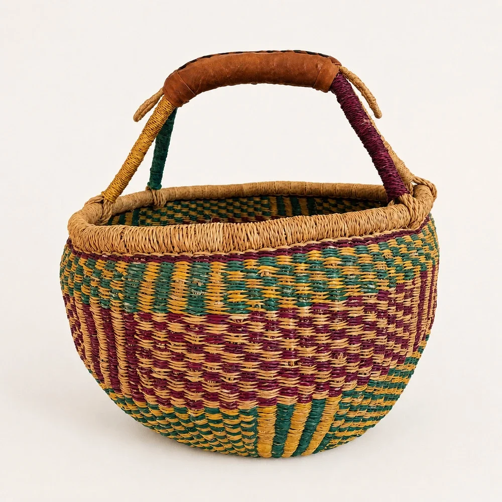 Vintage Handwoven African Bolga Market Basket Leather Handle Ghana Woven Tote 15